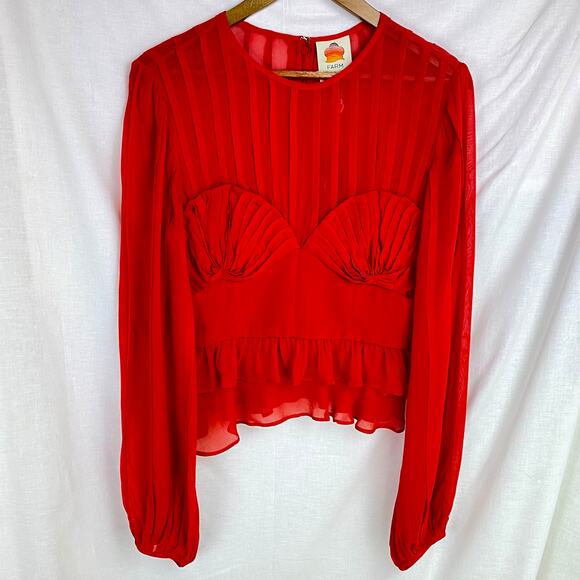 NWT Farm Rio Red Long Sleeve Sheer Stripe Peplum Blouse – Size Small - Picture 10 of 13